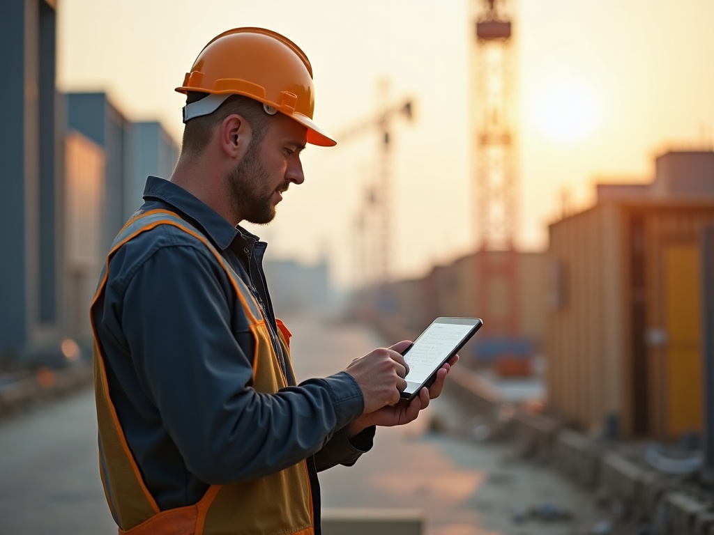Handwerker auf der Baustelle mit Tablet