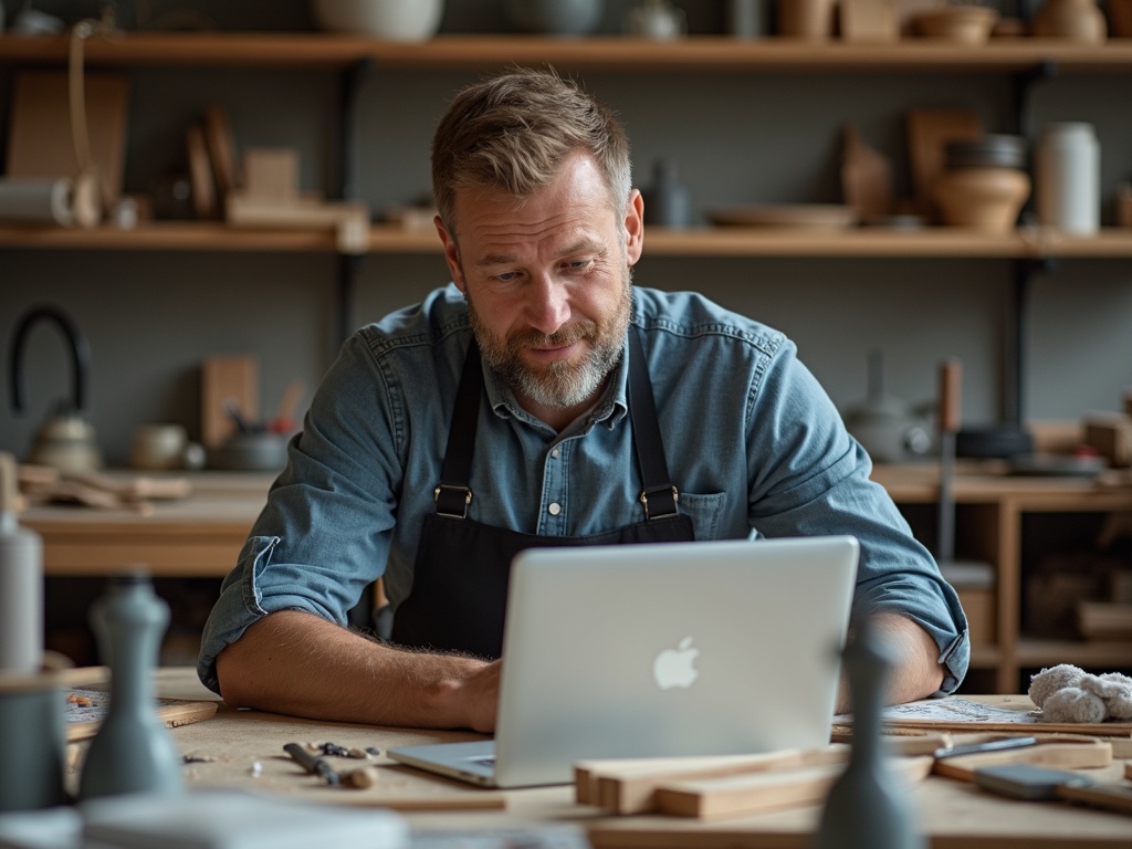 Handwerksbetrieb mit Laptop in der Werkstatt