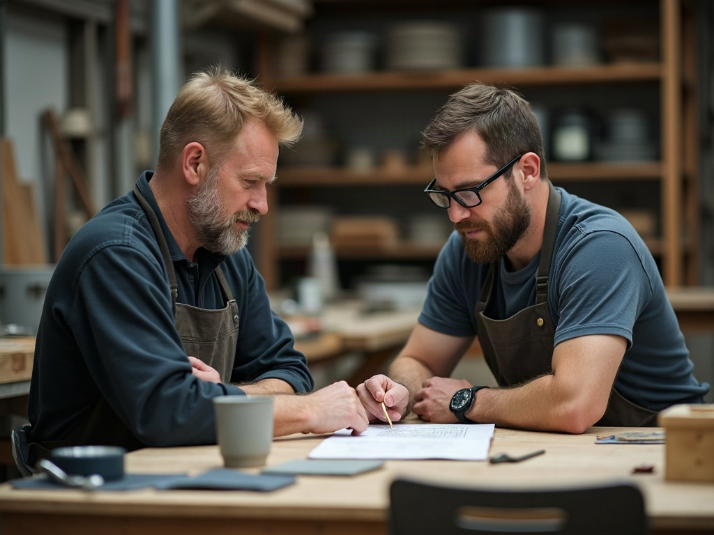 Bewerbungsgespräch an einem Tisch in der Werkstatt
